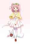  1girl alternate_costume alternate_hairstyle basket black-san capelet casual dress food fruit hair_ribbon highres jewelry kaname_madoka kyubey mahou_shoujo_madoka_magica mouth_hold necklace pink_eyes pink_hair ribbon short_twintails side_ponytail strawberry thighhighs twintails wreath zettai_ryouiki 