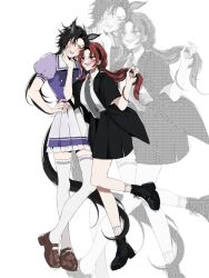  2girls :d air_shakur_(umamusume) annoyed black_boots black_eyes black_hair black_jacket black_skirt blush boots borrowed_character brown_shoes clenched_teeth collared_shirt commission crepe_commission dress_shirt eyebrow_piercing female_trainer_(umamusume) frilled_skirt frills full_body grey_necktie heads_together highres holding holding_own_hair jacket long_hair mary_janes multiple_girls nacheon necktie oc_x_canon open_clothes open_jacket original piercing pleated_skirt puffy_short_sleeves puffy_sleeves purple_shirt red_hair sailor_collar sailor_shirt school_uniform second-party_source sharp_teeth shirt shirt_tucked_in shoes short_sleeves skirt smile socks squeezing_cheeks standing suit_jacket summer_uniform tarot_(shakurkoi) teeth thigh-highs tracen_school_uniform trainer_(umamusume) umamusume white_sailor_collar white_shirt white_skirt white_socks white_thighhighs yuri zettai_ryouiki zoom_layer 