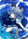  1girl animal_ears bloomers blue_sky clouds dowsing_rod dress gloves grey_hair iris_anemone mouse_ears mouse_tail nazrin red_eyes short_hair skirt sky smile solo tail touhou underwear white_gloves 