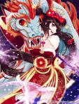  1girl breasts brown_hair chinese_clothes cleavage dragon eastern_dragon flower hair_flower hair_ornament joypyonn long_hair looking_at_viewer original ponytail red_eyes solo 