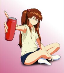  1girl blue_eyes blue_shorts hair_clip langley neon_genesis_evangelion orange_hair redhead sitting soda_can solo souryuu_asuka_langley twintails yeanotzlyuka yellow_shirt 