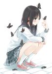  1girl black_eyes black_hair blush butterfly converse knees_on_chest long_hair maigo_(neko) original school_uniform shoes skirt sneakers socks squatting 