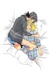  2girls bad_hands bed black_hair blonde_hair christa_renz closed_eyes cuddling freckles honeguramu multiple_girls nervous plaid shingeki_no_kyojin shirt short_hair sleeping ymir_(shingeki_no_kyojin) 