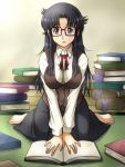  1girl barefoot black_hair book breasts fujii_satoshi glasses large_breasts long_hair open_mouth read_or_die skirt solo yomiko_readman 