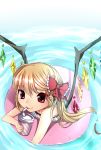  1girl akayan alternate_costume bare_shoulders blonde_hair cup drinking drinking_straw flandre_scarlet floating hair_ribbon highres innertube looking_at_viewer red_eyes ribbon ripples short_hair side_ponytail smile solo swimsuit touhou water water_droplets wings 
