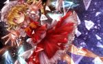  1girl blonde_hair blood bow broken_glass flandre_scarlet glass hat injury outstretched_arms outstretched_hand red_eyes short_hair side_ponytail skirt skirt_set solo torn_clothes torn_skirt touhou wings 