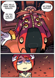  1boy 1girl bald black_pants blue_eyes coat commission dr._eggman english_text facial_hair feather_hair_ornament feathers gloves goggles hair_ornament highres long_sleeves mustache pants pixiv_commission princess_elise_the_third red_coat red_hair round_eyewear setz short_hair sonic_(series) sonic_the_hedgehog_(2006) speech_bubble white_gloves 