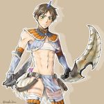  1boy armor brown_hair china_00000 dagger dual_wielding eren_jaeger green_eyes horn kirin_(armor) loincloth midriff monster_hunter parody shingeki_no_kyojin solo sword tail weapon 