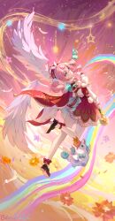 1girl absurdres angel_wings aqua_eyes aqua_hair benzi_li black_footwear black_shoes bow dress feathered_wings feathers finger_to_mouth flower from_behind gradient_hair hair_ornament hat highres honkai:_star_rail honkai_(series) hyacine_(honkai:_star_rail) leg_up long_hair looking_up one_leg_raised pantyhose petals pink_hair rainbow red_bow red_dress solo star twin_drills twintails unicorn white_pantyhose wings