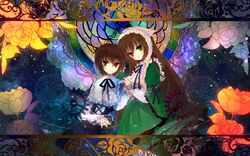  2girls blue_dress bow brown_hair capelet clock dress expressionless flower green_dress hat heterochromia kazu_(muchuukai) long_hair long_sleeves looking_at_viewer multiple_girls rose rozen_maiden short_hair siblings smile souseiseki suiseiseki twins very_long_hair 