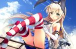  1girl black_panties blonde_hair condensation_trail elbow_gloves gloves hair_ornament highres kantai_collection long_hair panties personification rensouhou-chan shimakaze_(kantai_collection) skirt striped striped_legwear thigh-highs thighhighs_pull underwear white_gloves yukiko013 