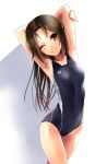  1girl arms_up blush brown_eyes brown_hair clothed_navel katahira_masashi looking_at_viewer one-piece_swimsuit original smile solo stretch swimsuit wink 