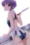  1girl akahige apron brown_eyes competition_swimsuit knife nagato_yuki one-piece_swimsuit purple_hair short_hair solo suzumiya_haruhi_no_yuuutsu swimsuit 