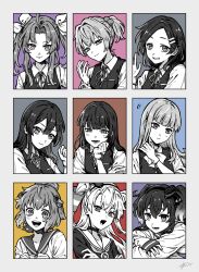  6+girls absurdres amatsukaze_(kancolle) anchor_symbol blunt_bangs blush choker closed_mouth dress gloves greyscale_with_colored_background hair_ornament hair_ribbon hair_tubes hairclip hatsukaze_(kancolle) hayashimo_(kancolle) headgear highres kagerou_(kancolle) kantai_collection kuroshio_(kancolle) long_hair long_sleeves monochrome multiple_girls neck_ribbon neckerchief open_mouth oyashio_(kancolle) ponytail ribbon sailor_collar sailor_dress school_uniform shiranui_(kancolle) shirt short_hair short_sleeves signature sleeves_past_wrists sumoffu tokitsukaze_(kancolle) upper_body vest yukikaze_(kancolle) 
