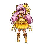  1girl arm_up boots bow bubble_skirt circlet cosplay cure_muse_(yellow) cure_muse_(yellow)_(cosplay) dress expressionless frills hair_bow hata_no_kokoro heart knee_boots long_hair lowres miruku_(jgmpta) pixel_art precure purple_hair skirt solo suite_precure touhou violet_eyes yellow_dress 