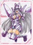  1girl boots breasts cleavage dress drooling elbow_gloves galacta gloves helmet long_hair marker_(medium) marvel mask saliva short_dress silver_hair solo thigh_boots thighhighs traditional_media violet_eyes zettai_ryouiki 