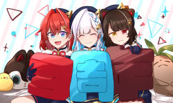  3girls :3 :d ^_^ absurdres ange_katrina animal_ears banken_(inui_toko) beret bird blue_eyes blue_gloves blue_hair blue_hat blue_ribbon blue_shorts blue_skirt blush braid brown_hair character_pillow circle closed_eyes closed_mouth colored_inner_hair commentary_request cowboy_shot crown_hat_ornament diagonal-striped_background dog_ears gloves gradient_eyes hair_intakes hair_ornament hat heterochromia highres holding_text inui_toko jacket lize_helesta long_bangs looking_at_viewer mandragora_(ange_katrina) monocle multicolored_eyes multicolored_hair multiple_girls neck_ribbon nijisanji open_mouth red_eyes red_hair red_ribbon ribbon sanbaka_(nijisanji) sanbaka_anniversary_outfit sebastian_piyodore short_hair shorts shoulder-to-shoulder single_hair_intake sitting skirt slime_(kuha_le) smile sparkle streaked_hair striped_background translation_request triangle triangle_hair_ornament two-tone_hair violet_eyes virtual_youtuber white_hair white_jacket yellow_bird yellow_eyes 