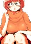  1girl blush bob_cut breasts brown_hair freckles glasses index_finger_raised knees large_breasts naso4 scooby-doo short_hair skirt sleeves_rolled_up socks solo squatting sweater turtleneck velma_dace_dinkley 