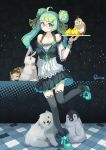  1girl ahoge artist_name bear bespectacled bird cat chick double_bun glasses green_eyes green_hair hatsune_miku leg_lift long_hair penguin rabbit riccae skirt solo standing_on_one_leg thigh-highs tray twintails vocaloid 