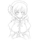  1girl beret blush breasts bust corset detached_sleeves drill_hair fingerless_gloves gloves hair_ornament hat highres large_breasts lineart magical_girl mahou_shoujo_madoka_magica maru_itsuki monochrome puffy_sleeves solo tomoe_mami 