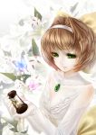 1girl bow broken_glass brooch brown_hair elbow_gloves expressionless eyelashes flower glass gloves green_eyes hair_bow hairband highres holding hourglass jewelry lace lily_(flower) original rail_(silverbow) sand solo sparkle white white_gloves 