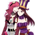  2girls breasts brown_eyes brown_hair caitlyn_(league_of_legends) cleavage closed_eyes envyra goggles hat league_of_legends locked_arms multiple_girls pink_hair tattoo vi_(league_of_legends) wink 