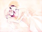  2girls bride christa_renz closed_eyes couple dress hair_between_eyes hair_down happy laughing monochrome multiple_girls pale_color pink shingeki_no_kyojin short_hair smile tokiji veil wedding wedding_dress ymir_(shingeki_no_kyojin) yuri 