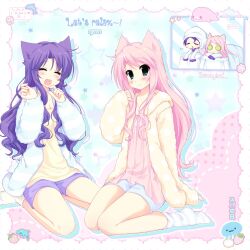  2000s_(style) 2girls blue_eyes blush closed_eyes dress highres jelly_(bonnybel) long_hair multiple_girls open_mouth original pink_hair purple_hair smile 