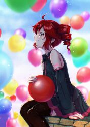 1girl ahoge arm_at_side balloon black_hair black_skirt black_thighhighs blush closed_mouth clouds collared_shirt commentary_request day detached_sleeves drill_hair fingernails from_side highres holding holding_balloon kasane_kein kasane_teto kasane_teto_(utau) lips looking_at_viewer miniskirt on_roof pleated_skirt red_eyes red_hair red_nails red_tattoo shirt shoulder_tattoo side_drill sitting_on_roof skirt sleeveless sleeveless_shirt smile solo tattoo thigh-highs too_many_balloons twin_drills twintails utau variant_set white_background