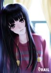  1girl artist_name backlighting bangs black_hair blunt_bangs blurry brown_eyes casual character_request curtains depth_of_field looking_at_viewer parted_lips rail_(silverbow) reflection solo window 