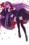  1girl bb_(fate/extra_ccc) bed_of_roses breasts fate/extra_ccc fate_(series) flower hair_ribbon lace lace-trimmed_thighhighs long_hair neko_kuriya no_shoes purple_hair red_rose ribbon rose solo thigh-highs very_long_hair violet_eyes 
