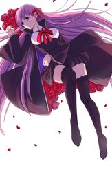  1girl bb_(fate/extra_ccc) bed_of_roses breasts fate/extra_ccc fate_(series) flower hair_ribbon lace lace-trimmed_thighhighs long_hair neko_kuriya no_shoes purple_hair red_rose ribbon rose solo thigh-highs very_long_hair violet_eyes 