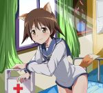  1girl animal_ears blush brown_eyes brown_hair calendar_(object) curtains first_aid_kit flower indoors leaning_forward looking_at_viewer miyafuji_yoshika red_cross sailor_collar short_hair solo stethoscope strike_witches suisen_toire_(moko924) sunlight swimsuit swimsuit_under_clothes tail uniform vase window 