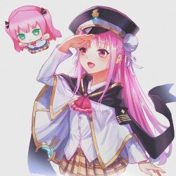  1girl aikawa_megumi character_doll double_bun hair_bun hat heaven_burns_red highres kunimi_tama long_hair long_sleeves military_hat pink_eyes pink_hair plaid_clothes plaid_skirt sail_678 shirt skirt two_side_up white_shirt 