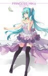  1girl aqua_eyes aqua_hair black_legwear breasts butterfly character_name cleavage corset dress hatsune_miku highres long_hair solo strapless_dress thighhighs twintails very_long_hair vocaloid white_background 