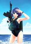  1girl aps backpack bag blue_eyes blue_hair gun highres mizuki_ame original ponytail rebreather school_swimsuit short_hair swimsuit weapon 