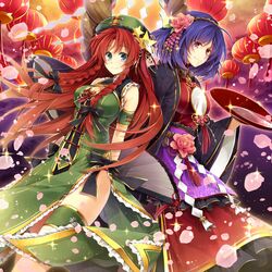  2girls arm_ribbon blush braid breasts china_dress chinese_clothes dress embellished_costume flower green_dress grey_eyes hagiwara_rin hair_flower hair_ornament hat hong_meiling large_breasts leg_up long_hair long_sleeves looking_at_viewer mirror multiple_girls petals pink_rose purple_hair red_eyes redhead rose sakazuki sash shimenawa shirt short_hair side_slit skirt smile star touhou twin_braids very_long_hair wide_sleeves yasaka_kanako 