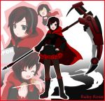  1girl black_eyes boots border cape character_name closed_eyes cookie cross eating food gradient gradient_background headphones jimauso multiple_persona pantyhose redhead ruby_rose rwby scythe short_hair solo sparkle weapon 