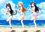  3girls animal_ears aragaki_ayase barefoot beach blue_eyes blue_hair blush cat_ears cat_tail embarrassed gokou_ruri hairband happy horiguchi_hiroshi kousaka_kirino leg_lift legs long_hair multiple_girls ocean orange_hair ore_no_imouto_ga_konna_ni_kawaii_wake_ga_nai purple_hair red_eyes sky swimsuit tail water 