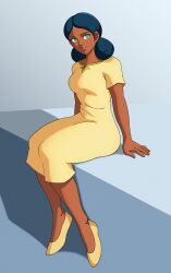  1980s_(style) 1girl absurdres bindi black_hair breasts dark-skinned_female dark_skin diegodoodles double_bun dress full_body green_eyes gundam hair_bun highres lalah_sune looking_at_viewer medium_breasts mobile_suit_gundam red_lips retro_artstyle shoes sitting smile solo yellow_dress yellow_shoes 