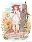  1girl blue_sky brown_eyes brown_hair clouds dress flower hand_on_hat hat lantern long_hair looking_at_viewer nanashina original pigeon-toed red_shoes shoes sky sleeveless sleeveless_dress smile solo stairs standing straw_hat vines water white_dress 