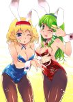  2girls :p alice_margatroid alternate_costume animal_ears blonde_hair blue_eyes breasts bunnysuit cleavage frog_hair_ornament green_eyes green_hair hair_ornament hairband heart kochiya_sanae long_hair multiple_girls pantyhose rabbit_ears snake_hair_ornament tongue touhou v_over_eye wink yuu_(kfc) 