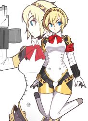  1girl absurdres aigis_(persona) android arm_up blonde_hair blue_eyes breasts closed_mouth commentary hair_between_eyes highres jeff_miga joints mechanical_legs medium_breasts multiple_views persona persona_3 red_ribbon revision ribbon robot_joints short_hair simple_background v-shaped_eyebrows white_background 
