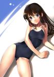  1girl bare_shoulders blush breasts brown_hair katahira_masashi large_breasts long_hair looking_at_viewer lying on_side one-piece_swimsuit original smile solo swimsuit 