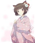  1girl absurdres animal_ears black_hair cat_ears extra_ears flower green_eyes hair_flower hair_ornament highres ikoku_meiro_no_croisee japanese_clothes kemonomimi_mode kimono pu-chin short_hair smile solo white_background yune_(ikoku_meiro_no_croisee) 