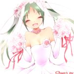  1girl bare_shoulders black_hair bouquet bridal_gauntlets bridal_veil closed_eyes dr_rex dress fang flower francesca_lucchini hair_flower hair_ornament open_mouth ribbon rose sleeveless solo strike_witches twintails veil wedding_dress 