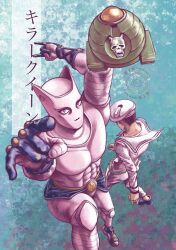  1boy 2others animal_ears belt black_boots black_gloves black_hair black_skirt boots cat_ears colored_skin from_behind gloves green_belt hat highres jojo_no_kimyou_na_bouken jojolion killer_queen kira_yoshikage_(jojolion) mammonmoney miniskirt multiple_others pants pink_eyes pink_hat pink_pants pink_sailor_collar pink_shirt pink_skin sailor_collar sheer_heart_attack shirt skirt split_ends stand_(jojo) three_quarter_view 