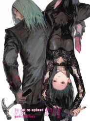  1boy 1girl artist_name assassin black_coat black_dress black_hair black_nails blank_stare blonde_hair breasts carrying_upside coat dress fishnet_dress fishnet_sleeves fishnets forehead grey_eyes grey_hair guri_otoko hammer high_heels highres looking_at_viewer nail_polish osaragi_(sakamoto_days) patterned_clothing sakamoto_days scar scar_on_chin scar_on_face see-through_clothes see-through_dress see-through_sleeves shishiba_(sakamoto_days) small_breasts stiletto_heels upside-down upside-down_head white_background 