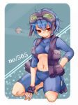  1girl blue_hair blush carracosta fingerless_gloves gloves goggles goggles_on_head personification pokemon pokemon_(game) pokemon_bw red_eyes short_hair solo squiggle takamura 