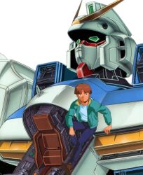  1boy blue_eyes blue_pants brown_hair brown_shoes closed_mouth commentary_request green_eyes green_jacket gundam highres jacket long_sleeves looking_at_viewer mecha mobile_suit official_art open_clothes open_cockpit open_jacket ousaka_hiroshi pants robot science_fiction shirt shoes short_hair simple_background third-party_source uso_ewin v-fin v_gundam victory_gundam white_background white_shirt 